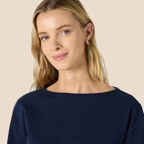 Amazon Essentials Top de Cuello Barco de Manga Larga con Corte Holgado, 100% Algodón de Alto Gramaje Mujer, Azul Marino, L