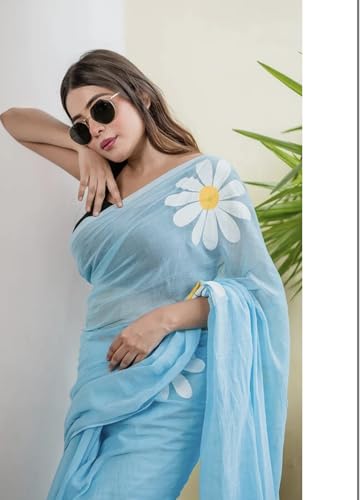 Image of Lilan Cotton Saree with White Daisy Floral Prints Tassel Pallu Lightweight Summer Saree