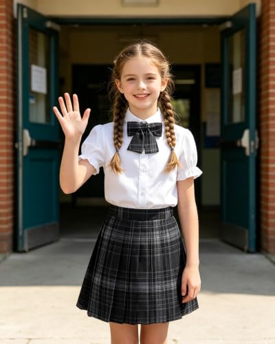 Image of Betusline Girls Skirt Set JK School Uniform 2-Piece Outfit - Short Sleeve Shirt with Bow & Pleated Skirt 4T-14Y