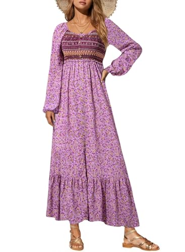 Dokotoo Spring Dresses for Women 2026 Cruise Outfits Boho Floral Square Neck Smocked Long Sleeve Button Down Beach Sundress Long Maxi Dress Pockets Casual High Waist Swing Sun Dresses Purple XX-Large