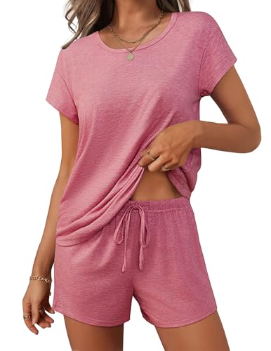 Image of Ekouaer Women 2 Piece Pajamas Set Short Sleeve Comfy Lounge Set Round Neck Tops and Shorts Pjs with Pockets