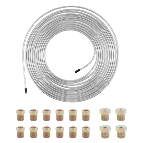 25Ft 1/4 Brake Line Kit with 16 Inverted Flare Brake Line Fittings,Flexible Rear Brake Line Kit for Hydraulic Brakes Fuel Transmission System,Brake Line Repair Kit Universal Cars Accessories (Silver)