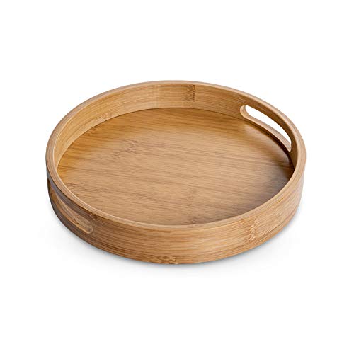XGzhsa Bamboo Serving Tray with Handles Round Food Tray Made of Natural Bamboo Material Ideal for Bread Fruit Coffee Milk Tea and More (25 x 25 x 5cm)