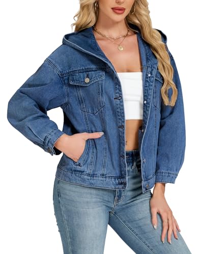 Kedera Womens Oversized Denim Jacket with Hood Distressed Jean Jackets Hoodie Casual Boyfriend Coat