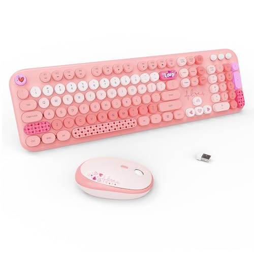 Wireless Keyboard and Mouse Combo, 104 Round Keys Full-Size Cute Colorful Pink Cordless Keyboard and Mouse with Retro Typewriter for PC/Mac/Laptop/Tablet/Computer/Windows Pink
