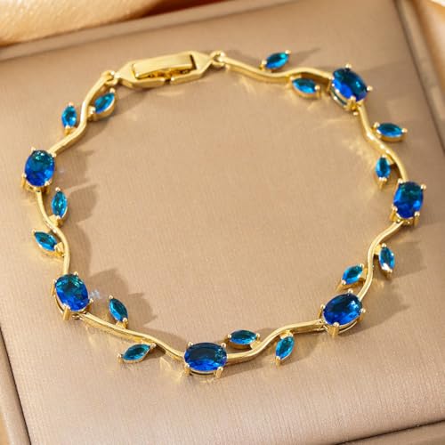Image of Inites - Anti Tarnish Fairy Bloom Floral Tulip Bracelet With Blue Crystal Stones For Women & Girls | Elegant Floral Branches Golden Chain Link Bracelet Lightweight Jewelry For Daily Wear & Gifts
