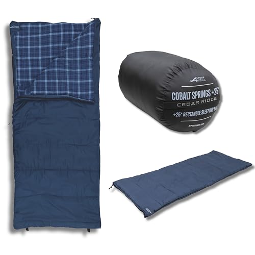Bolsa de dormir Cedar Ridge Cobalt Springs 25 grados – Bolsa de dormir rectangular para camping con forro de franela, aislamiento PolyLoft, construcción de dos capas y bolsa de compresión