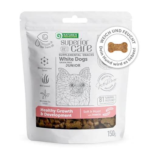 Nature's Protection Superior Care White Dogs Getreidefrei Gesundes Wachstum & Entwicklung Leckerlis mit Insekten für Junior Hunde Aller Rassen, Tränenflecken Reduktion, 150g