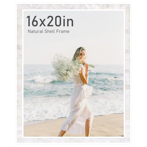Tanmicoshomy 16x20 Picture Frames for Wall, Natural Shell Inlay Mosaic Beachy Wedding Photo Frames Display 16x20 Photo Without Mat(16x20inch, White,1pc)