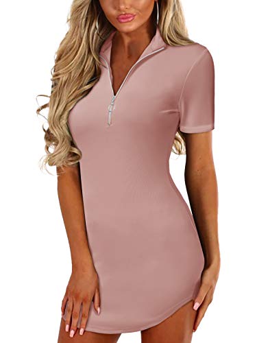 YOINS Vestido Sexy para Mujer Manga Corta Cuello en V Camiseta Mini Vestidos Ajustado Tops Casual Rosa-Manga Corta S