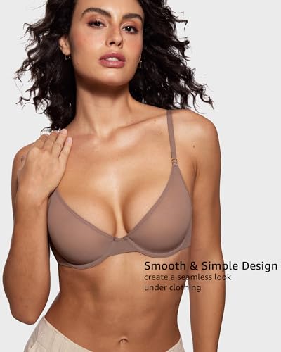 Inlyric Women'S Cosnufy Sheer Balconette Bra Demi Unlined Plunge Mesh See Through Sexy Bras Underwire Brown Purple 36D thumb #1