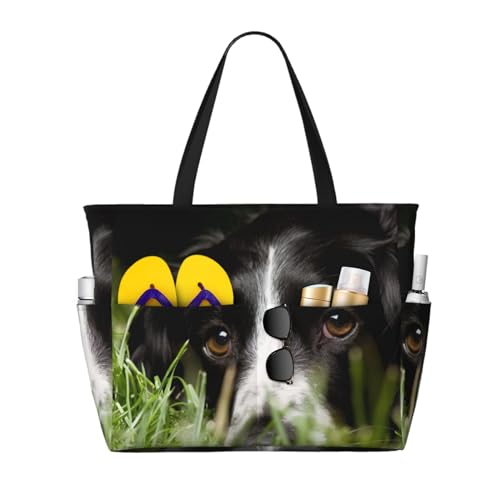Sac de plage Border Collie noir, un grand sac à bandoulière original à offrir aux passionnées