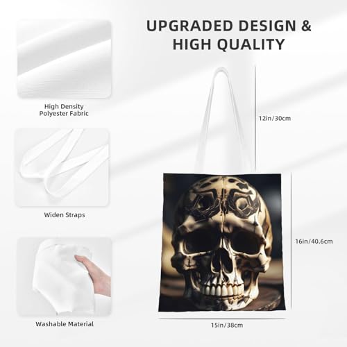 Skull Rock Roll Skeleton Bone Print Polyester Canvas Tote Bag, Shopping Bag With Reinforced Handles, Reusable4