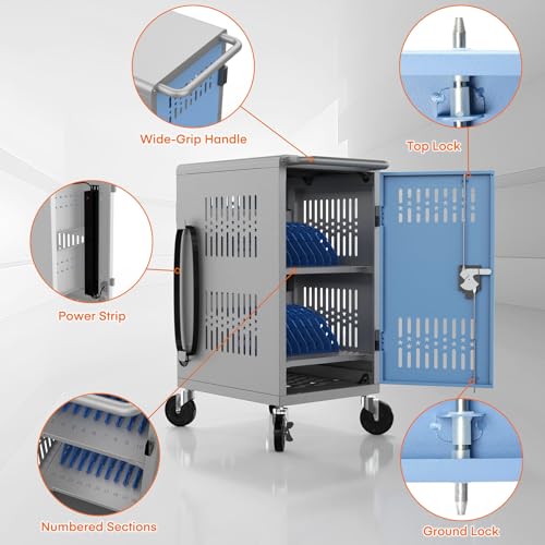 Image of Fully Assembled Laptop and Tablet Charging Cart for Up to 14 inch Screen Size - 20 Device Mobile Storage Cabinet Fits Chromebook, Tablet, Laptop, Suitable for Classroom, School & Office (Gray)