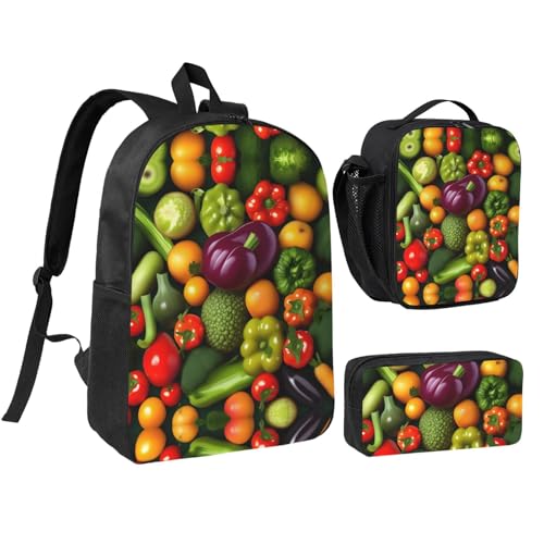 Sac à dos imprimé fruits et légumes sac à livres avec sac à déjeuner noir