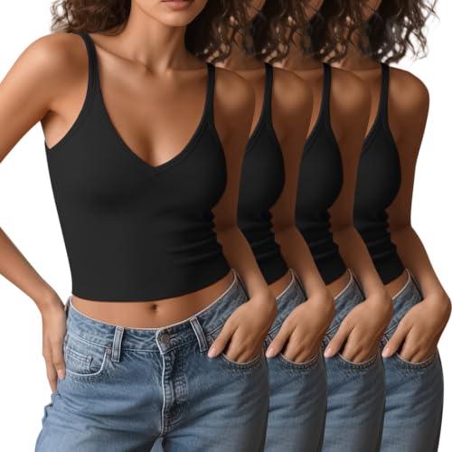 Image of 4 Pieces V Neck Tank Tops for Women Spaghetti Strap Crop Top Cotton Basic Fitted Summer Cami Shirts