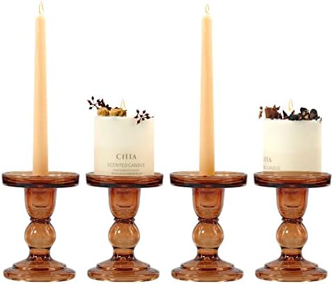 Set of 4 Amber Glass Candle Holder Set, ViViTOP Candlesticks Holders Pillar Taper Candles Tealight Stand for Wedding Centerpieces Home Decorations Dining Table