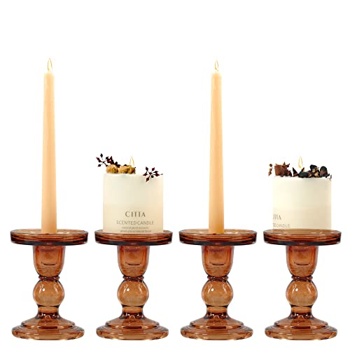 Set Of 4 Amber Glass Candle Holder Set, Vivitop Candlesticks Holders Pillar Taper Candles Tealight Stand For Wedding Centerpieces Home Decorations Dining Table #TOP8
