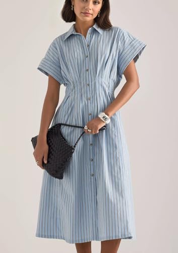 Image of calbatic Women Striped Button Down Pleated Shirt Dress Summer Short Sleeve Ruffle A Line Swing Long Blouse Midi Long Dress