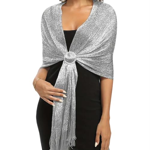 GSHLLO Glitter Shawl Wrap Sparkly Wedding Shawl Large Party Shawl Evening Dress Wrap Women Metallic Shawl with Buckle Silver