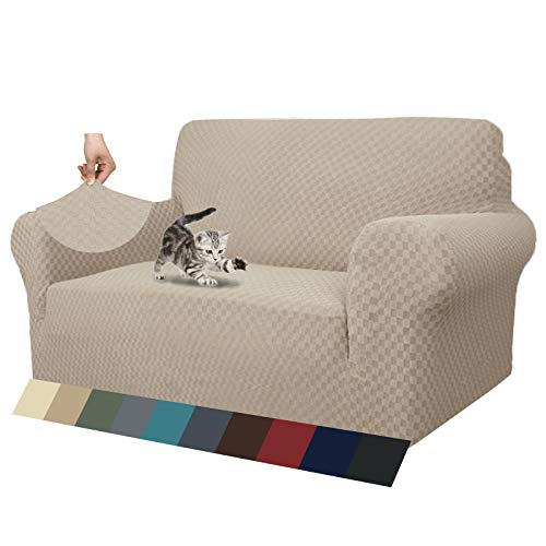 ZNSAYOTX 1 Piece Jacquard Couch Covers for 2 Cushion Couch High Stretch Loveseat Slipcover for Pets Dogs Anti Slip Love Seat Sofa Slipcover Furniture Protector (Loveseat, Khaki) -  SHAOYUE TEXTILE