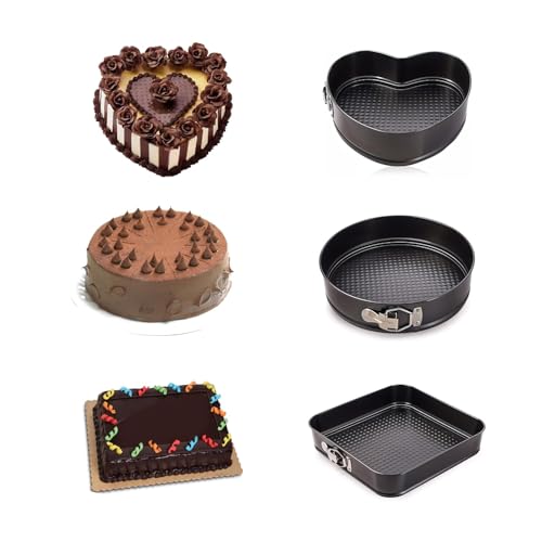 S-VIVA Non-Stick Cake Moulds, Heart Square Round Shapes, Springform with Quick-Release Latch, Dishwasher Safe, Black, Set of 3 for Microwave OTG Safe | Suitable for Cheese Cake Baking Mould