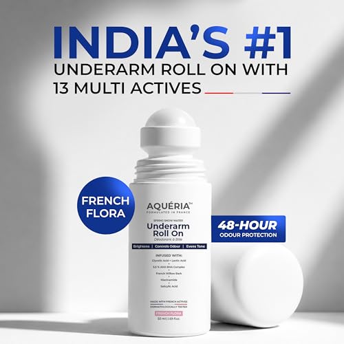 Image of Aqueria 5.5% AHA BHA French Underarm Brightening Roll On | 48H Odour Control | Flora Fragrance with 2% Niacinamide | Multi Actives, Glycolic Acid, Lactic Acid | Prevents Odor, Kills Bacteria | Exfoliates, Reduces Pigmentation & Discoloration for Even-Toned Underarms | Brightens Skin & Exfoliates Underarm | Alcohol & Aluminium Free | Deodorant for Men & Women | 50ml