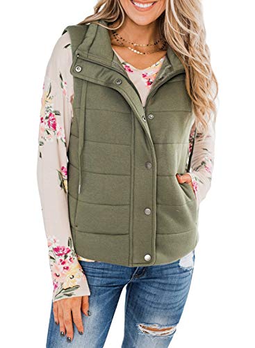 Biucly Women's Button Zipper Vest, Stand Collar Quilted Gilet with Pockets Green L