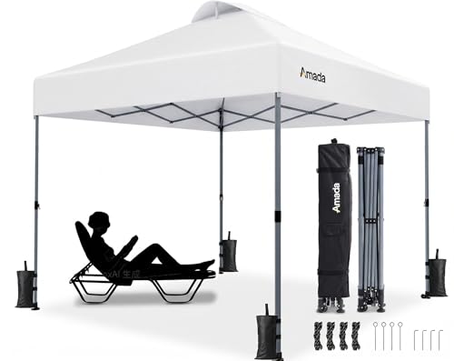 Amada 10x10 Pop Up Canopy Tent, 1-Button Push Easy-up Outdoor Canopy Beach Tent with 3-Height Adjustable Waterproof Shade Shelter, Wheeled STO-N-Go Bag 8 Stakes, 4 SandBags (White)