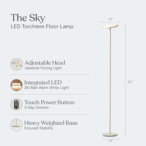 Image of Brightech Sky LED Floor lamp, Torchiere Super Bright Floor Lamp for Living Room Decor & Office - Dimmable, Tall Standing Lamp with Warm Light for Bedroom & Reading - Cream