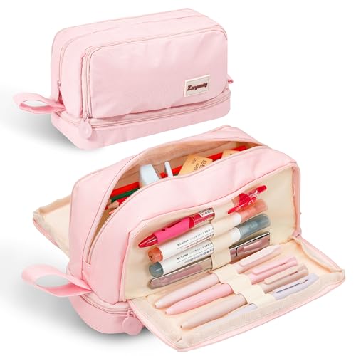 Image of Zzrywuty Pink Large Capacity Pencil Case 4 Compartments,Pencil Pouch with Zipper Portable Handle for Teens Adults Aesthetic Pencil Bag Stationery Organizer Pen Pencil Case with Handle for School
