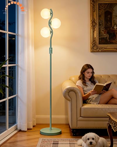 Image of Lightdot 60IN Green Floor Lamp Stepless Dimmable Globe Floor Lamps with 3Pcs 3000K Bulbs Eye-Friendly Mid Century Standing Lamps with 5Lbs Heavy Base for Living Room /Bedroom /Corner