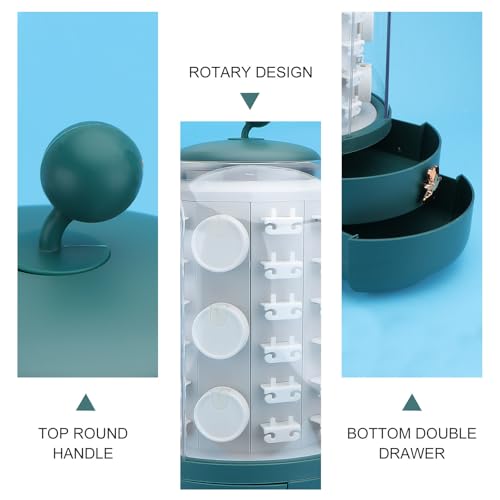 Boîte à bijoux rotative en plastique vert avec porte-boucles d'oreilles