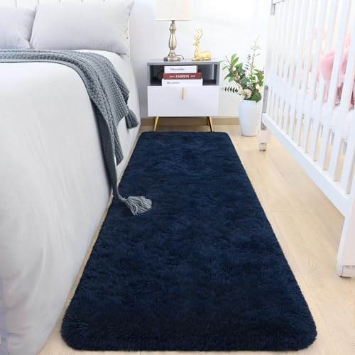 HOMORE 2'x6' Runner Rugs for Bedroom, Navy Blue Ruuner Rug for Hallway Entryway Laundry, Modern Shag Bedroom Runner Cute Carpets for Kids Dorm Bedside