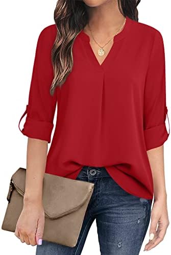 Timeson Women's Office Wear Tops and Blouses Ladies Fashion Business Work Chiffon Blouse Shirs 3/4 Sleeve Tunics Tops Casual Linen Maternity Sheer Loose Dressy Blouse Tops for Leggings Red