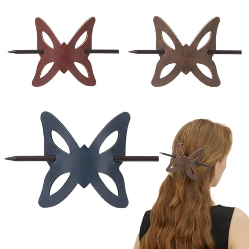 NICENEEDED 3 Pcs Leather Hair Barrettes with Stick, Butterfly Hair Clips, Leather Hairs Barrette Slide Pins Hairs Ponytail Holders for Women