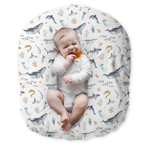 EyMzcod Newborn Lounger Pillow Cover Underwater Sea Animal, Ocean Creature Whale Fish Marine Life Baby Boy Shower Gift Removable Slipcover, Snug Fit Infant Nursing Pillowcase (Lounger Not Included)