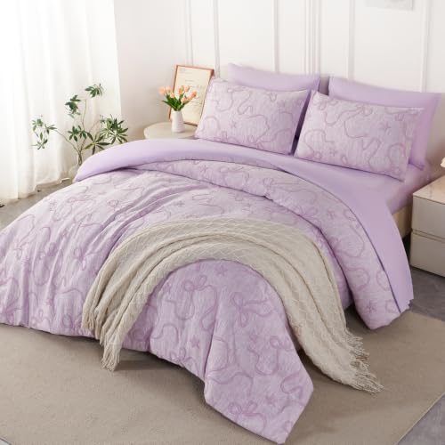 Image of PERFEMET Twin Comforter Set for Girls Purple, 5 Pieces Elegant Embossed Bow Bedding Twin Bed in a Bag Set, Soft Cute Bowknot Jacquard Comforter with Sheet Sets for All Seasons