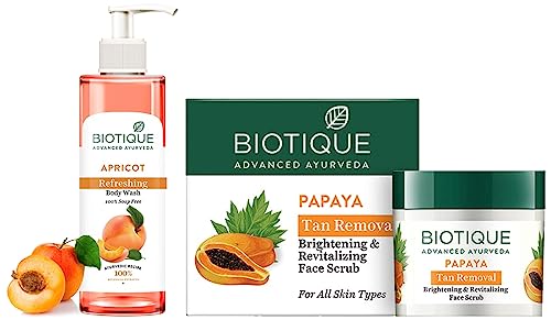Image of Biotique Bio Papaya Revitalizing Tan Removal Scrub, 75g & Biotique Apricot Body Wash, Transparent, 200 ml