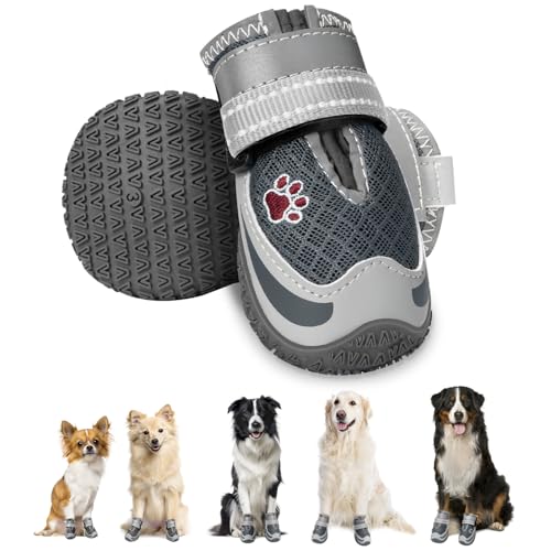 Eyein 2 Stück Hundeschuhe, Masche Atmungsaktiv Hundeschuhe Pfotenschutz mit Rutschfester Sohle für heiße Sommerböden, Reflektierende Hundeschuhe für nächtliche Spaziergänge im Freien (Grau, Größe 5)
