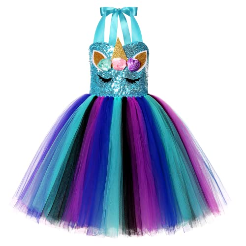 Gigoitly Unicorn Costume For Girls Rainbow Unicorn Dress Birthday Halloween Party Outfits With Headband (Blue Uniforn Costume, 5-6 Years) #TOP1