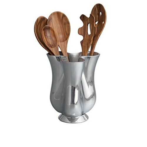 Nambé Tulip Tool Jug w/ Tools – Sculptural Alloy & Acacia Wood Kitchen Utensil Set, 6.75” x 8”, 5-Piece Modern Cooking Utensils for Countertop Storage & Display, Durable & Functional Style