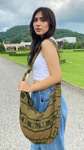 Image of Hobo Crossbody Bag for Women - Handmade Cotton Boho Purse with Wooden Ring | Lightweight Slouchy Shoulder Sling Tote Bag
