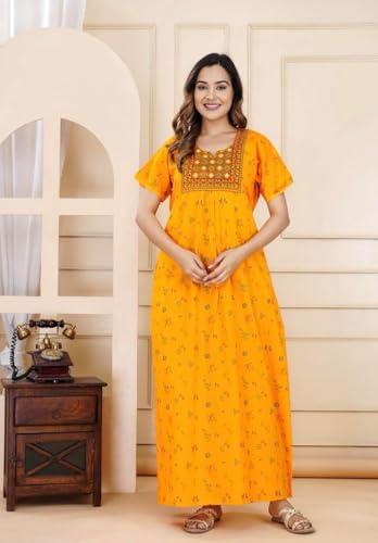 Image of DIAMO Pure Cotton Embroidery Nighty for Women, Cotton Night Gown, Night Maxi Gown, Cotton Nighty with a Pocket and Adjustable Knot
