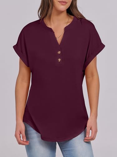 Image of ANRABESS Womens Short Sleeve Henley Tops V Neck Dressy Casual Blouses Summer Trendy Tee Shirts 2026 Vacation Fashion Clothes