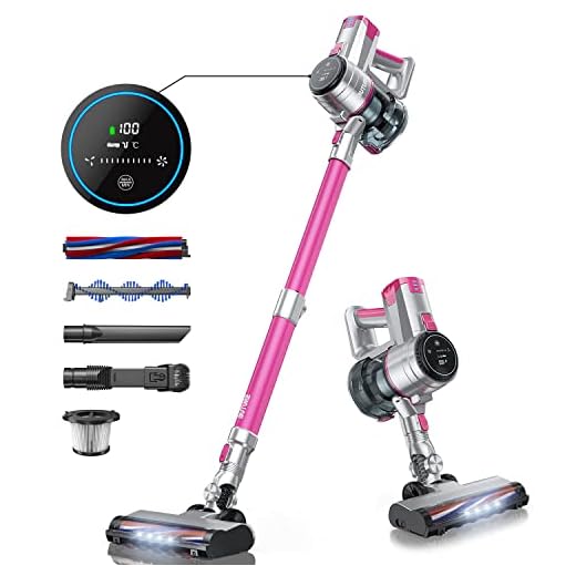 Aspiradora Escoba Sin Cable, BuTure 33KPA/400W Aspirador Sin Cable,Pantalla LED Táctil Inteligente,55 Minutos de Duración, Batería Extraíble, Aspiradora Sin Cable para Alfombras Domésticas (Rosa)