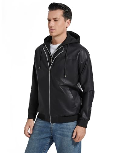 Mens Leather Jackets Black Faux Leather Motorcycle Bomber Jacket with Removable Hood4
