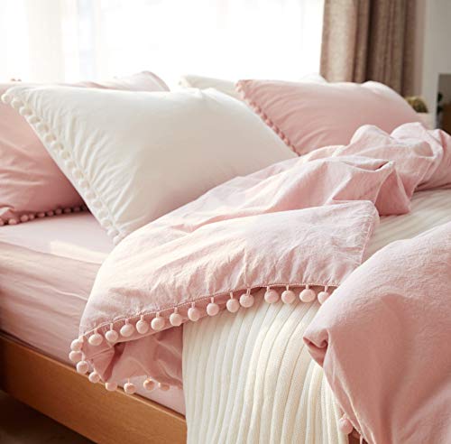Softta Bohemian Bedding Queen Pink Vintage Pom-Fringe Pompom Duvet Cover 3 Pcs Boho