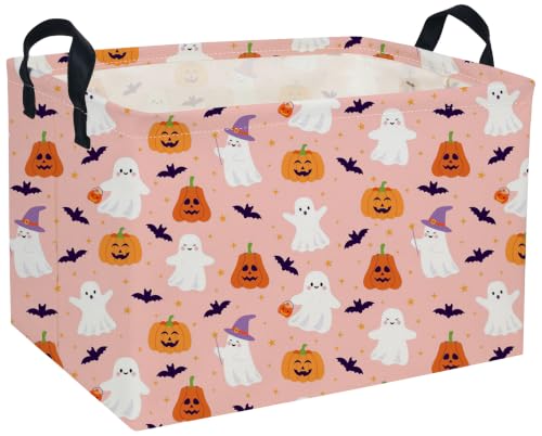 Image of Rectangle Kids Baskets Hallowee Basket Pink Storage Bin Fish Box for Room Decor Gift Basket(Pink ghost)