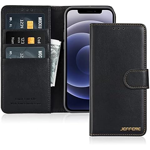 JEFFENE Wallet Case for iPhone 12/iPhone 12 Pro(6.1"),Magnetic Microfiber Leather Folding Stand Flip Folio Protective Cover with [Card Slots][RFID Blocking][Kickstand] TPU Shockproof,Black Cover